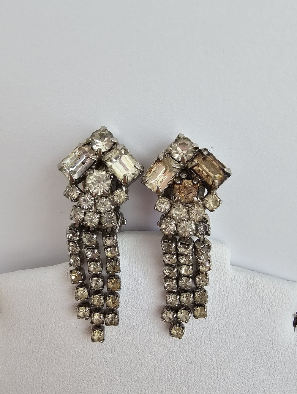 Vintage Mid-Century Clear Rhinestone Waterfall Fringe Clip On Earrings - 1950s